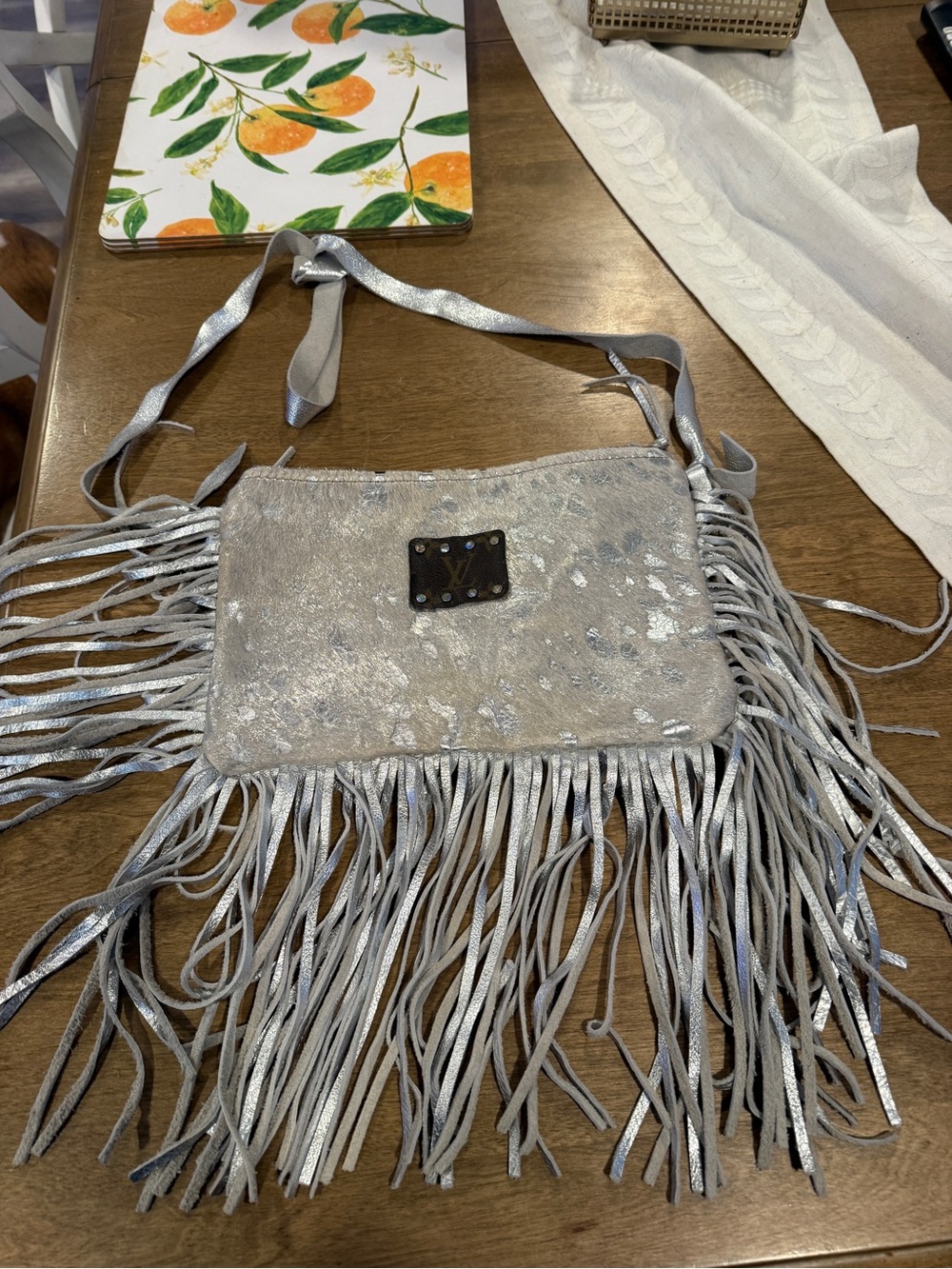 upcycled Louis Vuitton LV bag fringe w/ silver hyde leather cross body ooak